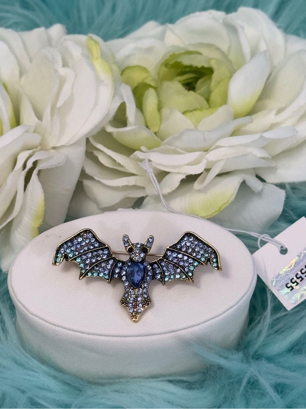 Bat Brooch Blue Micro Pave Gemstones  Bronze Gold Setting Halloween Jewelry NEW!